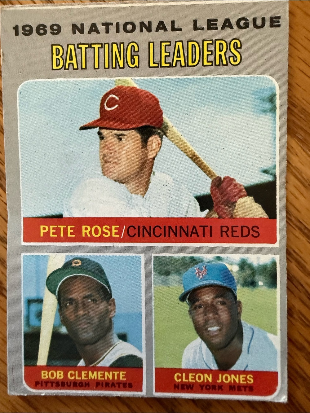Topps 1969 Card National League Batting Leaders - Rose, Clemente, and Jones
